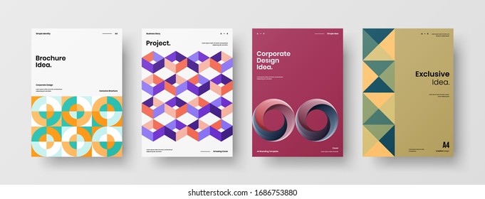 Business presentation vector A4 vertical orientation front page mock up set. Corporate report cover abstract geometric illustration design layout bundle. Company identity brochure template collection.