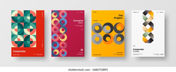 Diseño de presentación de negocio vectorial orientación vertical primera página maqueta conjunto. El informe corporativo cubre el paquete de diseño de ilustración geométrica abstracta. Colección de plantillas de folleto de identidad de la empresa.