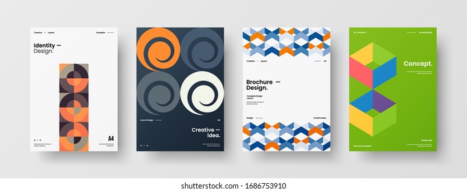 Business presentation vector A4 vertical orientation front page mock up set. Corporate report cover abstract geometric illustration design layout bundle. Company identity brochure template collection.