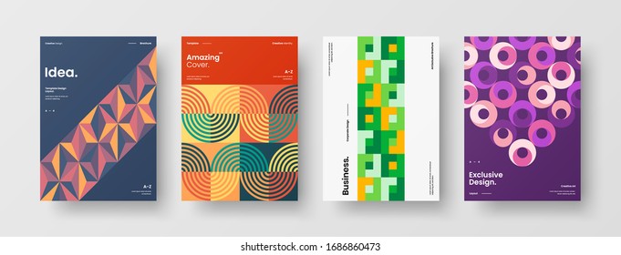 Business presentation vector A4 vertical orientation front page mock up set. Corporate report cover abstract geometric illustration design layout bundle. Company identity brochure template collection.