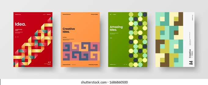 Business presentation vector A4 vertical orientation front page mock up set. Corporate report cover abstract geometric illustration design layout bundle. Company identity brochure template collection.
