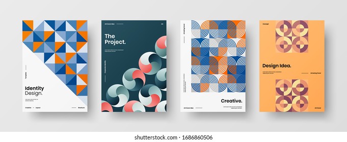 Diseño de presentación de negocio vectorial orientación vertical primera página maqueta conjunto. El informe corporativo cubre el paquete de diseño de ilustración geométrica abstracta. Colección de plantillas de folleto de identidad de la empresa.
