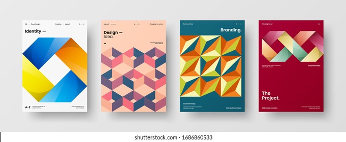 Business presentation vector A4 vertical orientation front page mock up set. Corporate report cover abstract geometric illustration design layout bundle. Company identity brochure template collection.