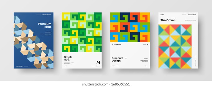 Business presentation vector A4 vertical orientation front page mock up set. Corporate report cover abstract geometric illustration design layout bundle. Company identity brochure template collection.