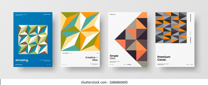 Business presentation vector A4 vertical orientation front page mock up set. Corporate report cover abstract geometric illustration design layout bundle. Company identity brochure template collection.
