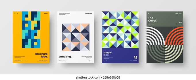 Business presentation vector A4 vertical orientation front page mock up set. Corporate report cover abstract geometric illustration design layout bundle. Company identity brochure template collection.