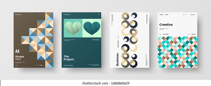 Business presentation vector A4 vertical orientation front page mock up set. Corporate report cover abstract geometric illustration design layout bundle. Company identity brochure template collection.