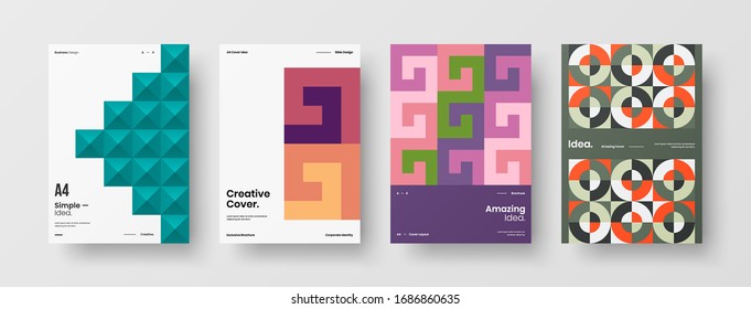 Business presentation vector A4 vertical orientation front page mock up set. Corporate report cover abstract geometric illustration design layout bundle. Company identity brochure template collection.