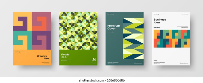 Business presentation vector A4 vertical orientation front page mock up set. Corporate report cover abstract geometric illustration design layout bundle. Company identity brochure template collection.