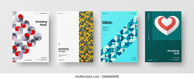 Business presentation vector A4 vertical orientation front page mock up set. Corporate report cover abstract geometric illustration design layout bundle. Company identity brochure template collection.