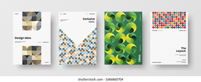 Business presentation vector A4 vertical orientation front page mock up set. Corporate report cover abstract geometric illustration design layout bundle. Company identity brochure template collection.