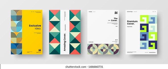 Business presentation vector A4 vertical orientation front page mock up set. Corporate report cover abstract geometric illustration design layout bundle. Company identity brochure template collection.