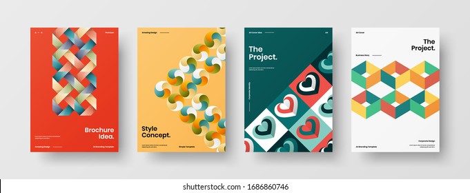 Business presentation vector A4 vertical orientation front page mock up set. Corporate report cover abstract geometric illustration design layout bundle. Company identity brochure template collection.
