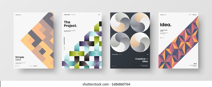 Business presentation vector A4 vertical orientation front page mock up set. Corporate report cover abstract geometric illustration design layout bundle. Company identity brochure template collection.