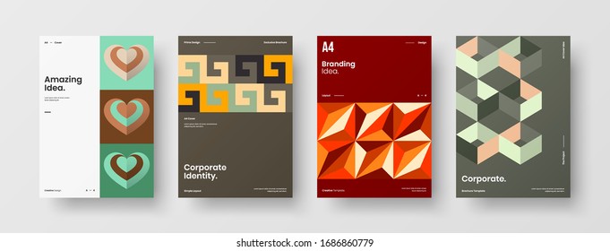 Business presentation vector A4 vertical orientation front page mock up set. Corporate report cover abstract geometric illustration design layout bundle. Company identity brochure template collection.