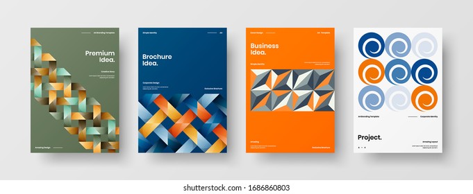 Business presentation vector A4 vertical orientation front page mock up set. Corporate report cover abstract geometric illustration design layout bundle. Company identity brochure template collection.