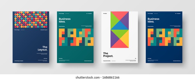 Diseño de presentación de negocio vectorial orientación vertical primera página maqueta conjunto. El informe corporativo cubre el paquete de diseño de ilustración geométrica abstracta. Colección de plantillas de folleto de identidad de la empresa.