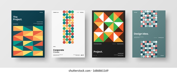 Vortragssatz der Vektorillustration A4 für vertikale Ausrichtung der Vorderseite. Corporate Report deckt abstraktes geometrisches Design-Layout-Paket für Illustrationen ab. Vorlage für Firmenidentitätsbroschüren