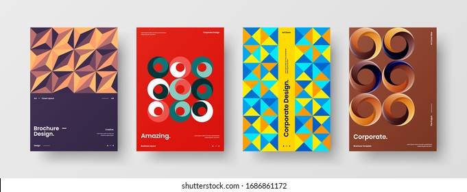 Business presentation vector A4 vertical orientation front page mock up set. Corporate report cover abstract geometric illustration design layout bundle. Company identity brochure template collection.