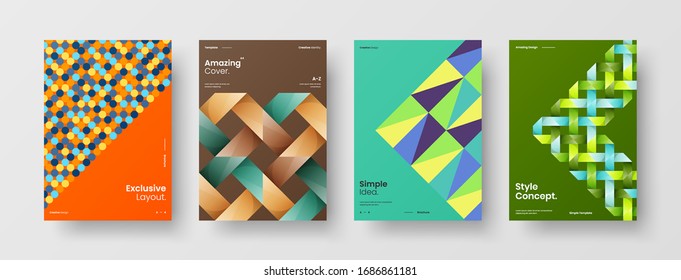 Vortragssatz der Vektorillustration A4 für vertikale Ausrichtung der Vorderseite. Corporate Report deckt abstraktes geometrisches Design-Layout-Paket für Illustrationen ab. Vorlage für Firmenidentitätsbroschüren