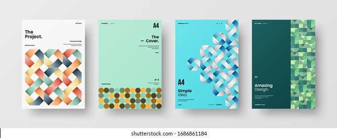 Business presentation vector A4 vertical orientation front page mock up set. Corporate report cover abstract geometric illustration design layout bundle. Company identity brochure template collection.