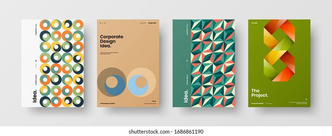 Business presentation vector A4 vertical orientation front page mock up set. Corporate report cover abstract geometric illustration design layout bundle. Company identity brochure template collection.