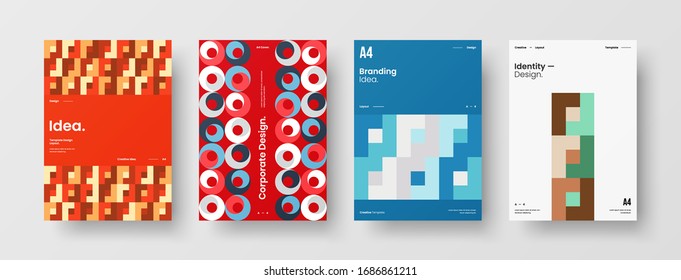 Business presentation vector A4 vertical orientation front page mock up set. Corporate report cover abstract geometric illustration design layout bundle. Company identity brochure template collection.