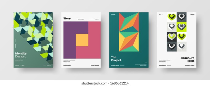 Business presentation vector A4 vertical orientation front page mock up set. Corporate report cover abstract geometric illustration design layout bundle. Company identity brochure template collection.