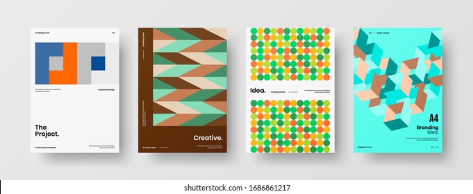 Business presentation vector A4 vertical orientation front page mock up set. Corporate report cover abstract geometric illustration design layout bundle. Company identity brochure template collection.