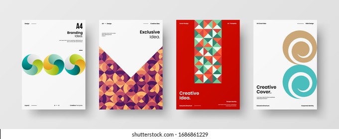 Business presentation vector A4 vertical orientation front page mock up set. Corporate report cover abstract geometric illustration design layout bundle. Company identity brochure template collection.