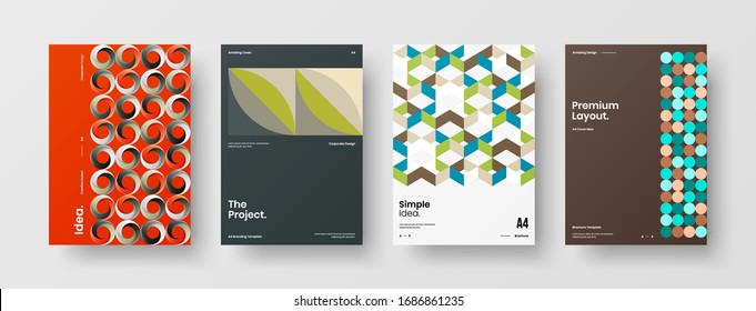 Business presentation vector A4 vertical orientation front page mock up set. Corporate report cover abstract geometric illustration design layout bundle. Company identity brochure template collection.