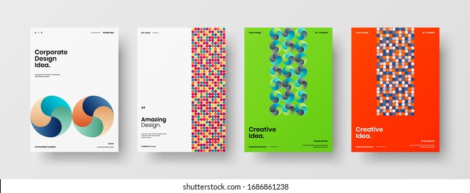 Business presentation vector A4 vertical orientation front page mock up set. Corporate report cover abstract geometric illustration design layout bundle. Company identity brochure template collection.