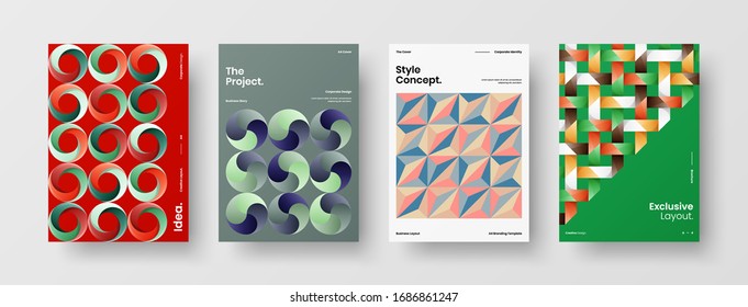Business presentation vector A4 vertical orientation front page mock up set. Corporate report cover abstract geometric illustration design layout bundle. Company identity brochure template collection.