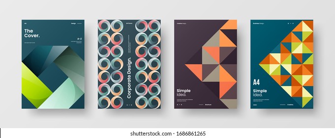 Business presentation vector A4 vertical orientation front page mock up set. Corporate report cover abstract geometric illustration design layout bundle. Company identity brochure template collection.