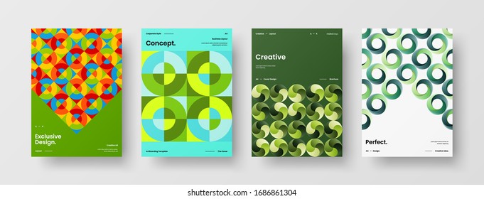 Business presentation vector A4 vertical orientation front page mock up set. Corporate report cover abstract geometric illustration design layout bundle. Company identity brochure template collection.