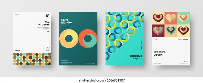 Business presentation vector A4 vertical orientation front page mock up set. Corporate report cover abstract geometric illustration design layout bundle. Company identity brochure template collection.