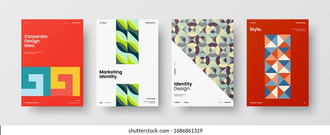 Business presentation vector A4 vertical orientation front page mock up set. Corporate report cover abstract geometric illustration design layout bundle. Company identity brochure template collection.