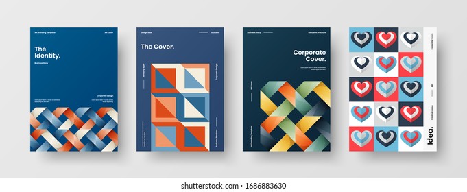 Business presentation vector A4 vertical orientation front page mock up set. Corporate report cover abstract geometric illustration design layout bundle. Company identity brochure template collection.