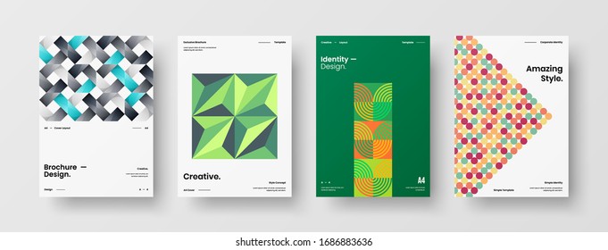 Business presentation vector A4 vertical orientation front page mock up set. Corporate report cover abstract geometric illustration design layout bundle. Company identity brochure template collection.