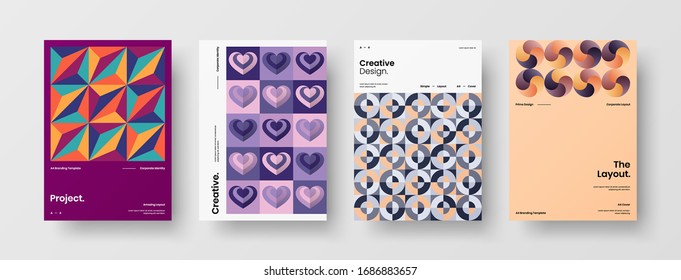Business presentation vector A4 vertical orientation front page mock up set. Corporate report cover abstract geometric illustration design layout bundle. Company identity brochure template collection.