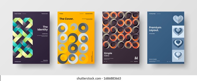 Diseño de presentación de negocio vectorial orientación vertical primera página maqueta conjunto. El informe corporativo cubre el paquete de diseño de ilustración geométrica abstracta. Colección de plantillas de folleto de identidad de la empresa.