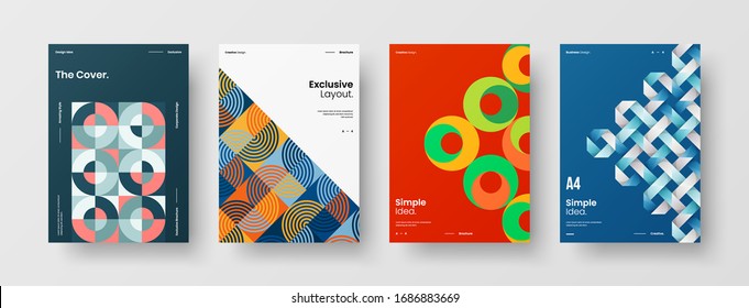 Business presentation vector A4 vertical orientation front page mock up set. Corporate report cover abstract geometric illustration design layout bundle. Company identity brochure template collection.