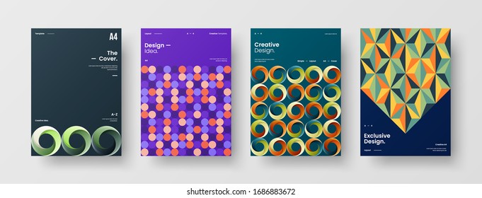 Business presentation vector A4 vertical orientation front page mock up set. Corporate report cover abstract geometric illustration design layout bundle. Company identity brochure template collection.