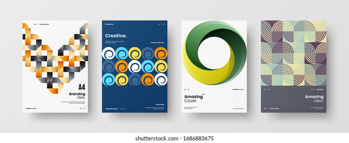 Business presentation vector A4 vertical orientation front page mock up set. Corporate report cover abstract geometric illustration design layout bundle. Company identity brochure template collection.