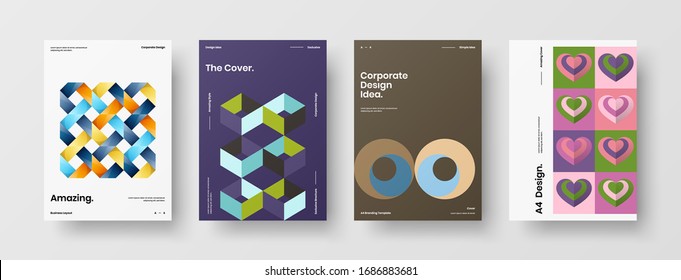 Business presentation vector A4 vertical orientation front page mock up set. Corporate report cover abstract geometric illustration design layout bundle. Company identity brochure template collection.
