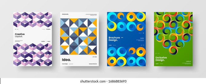 Business presentation vector A4 vertical orientation front page mock up set. Corporate report cover abstract geometric illustration design layout bundle. Company identity brochure template collection.