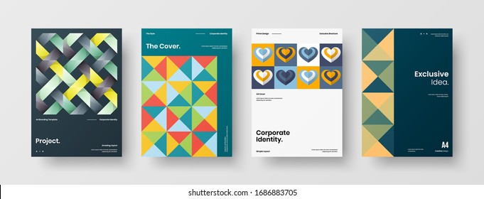 Business presentation vector A4 vertical orientation front page mock up set. Corporate report cover abstract geometric illustration design layout bundle. Company identity brochure template collection.
