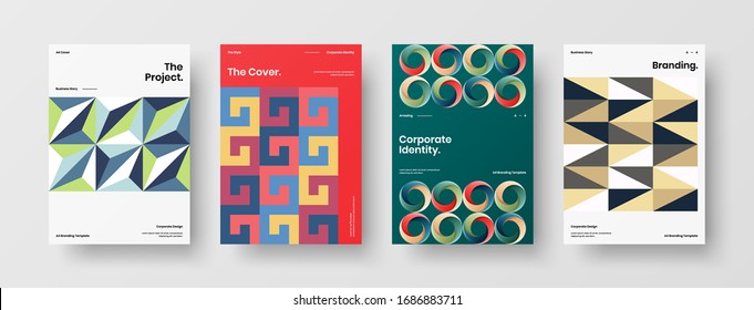 Business presentation vector A4 vertical orientation front page mock up set. Corporate report cover abstract geometric illustration design layout bundle. Company identity brochure template collection.