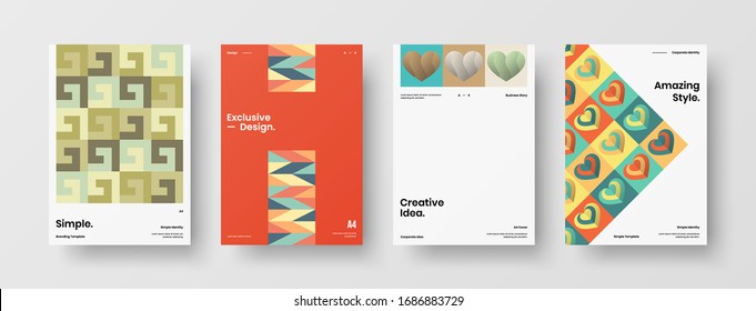 Business presentation vector A4 vertical orientation front page mock up set. Corporate report cover abstract geometric illustration design layout bundle. Company identity brochure template collection.