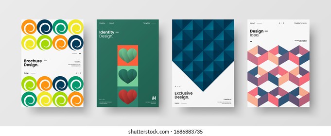 Business presentation vector A4 vertical orientation front page mock up set. Corporate report cover abstract geometric illustration design layout bundle. Company identity brochure template collection.